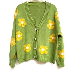 Women’s Green Cropped Knit Cardigan Sweater With Yellow Flowers Size 2XL